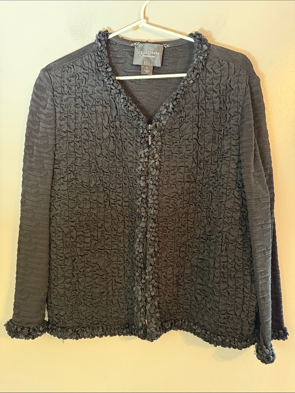 St. John Couture Black Ruffle Knit Full Zip Long Sleeve Evening Jacket Size 12